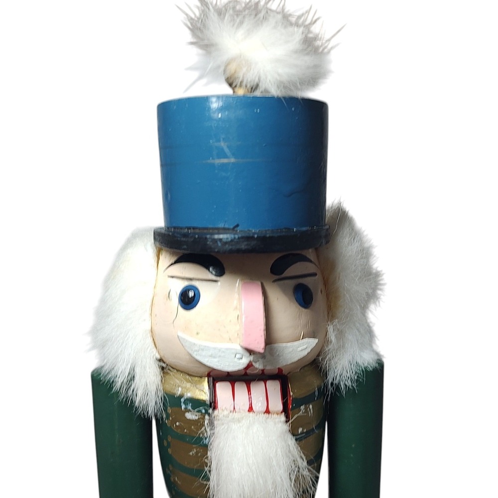 Traditional Soldier Nutcracker Green Red Black Fur Hair and Beard Fifteen Inch